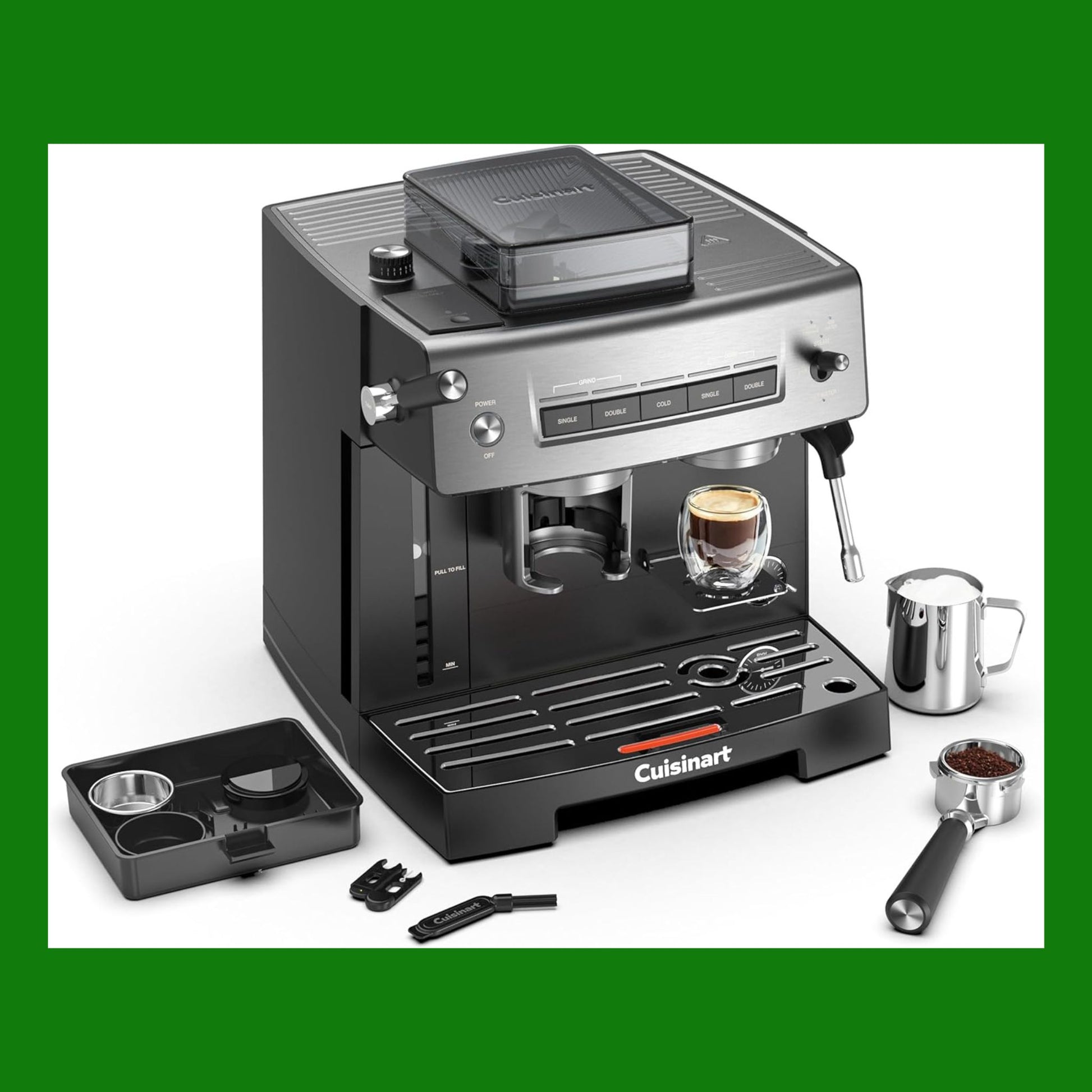 Cuisinart® Macchina Espresso | Macina, Pressa, Prepara | Espresso, Americano, Cold Brew | Montalatte | 16 impostazioni | 20 bar | 2,2L | Grano a tazza | Lancia vapore | Portafiltro senza fondo