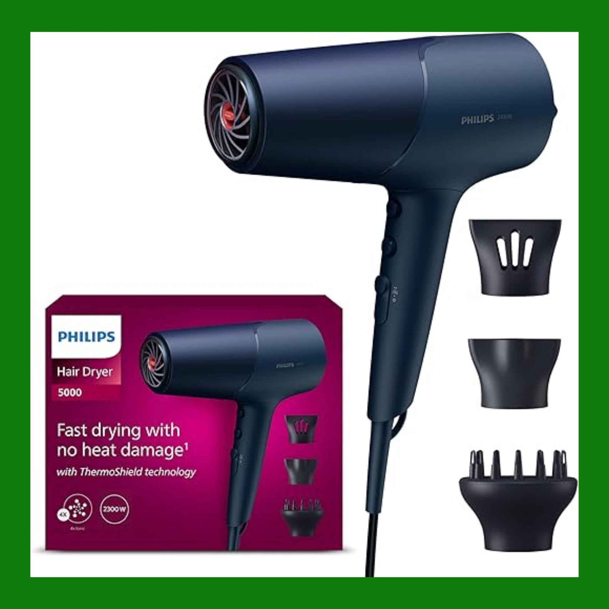 Philips Asciugacapelli Serie 5000, tecnologia ThermoShield, agli ioni, 2300°W, blu metallizzato