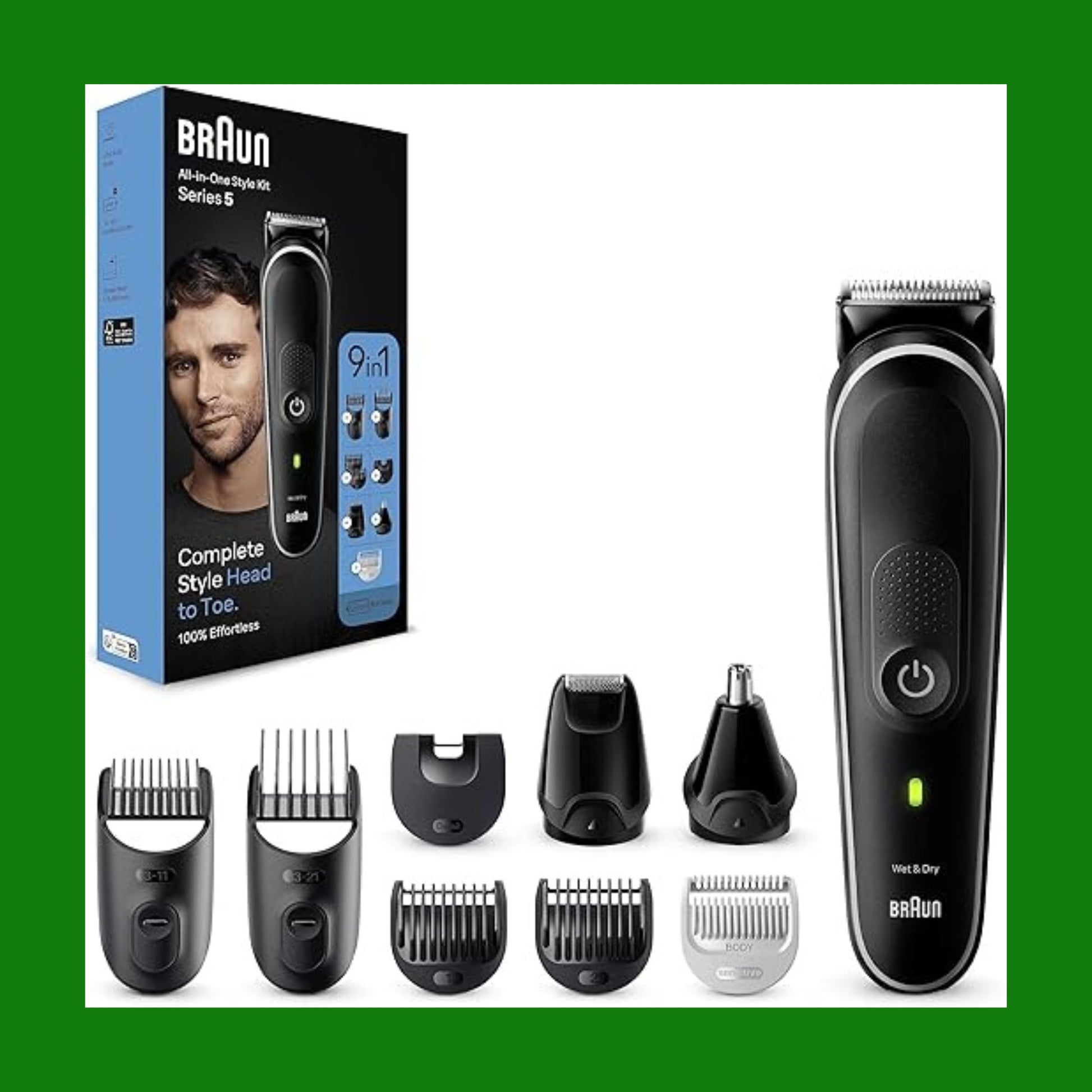 Braun Rasoio Elettrico Barba e Capelli, REGOLABARBA UOMO E Tagliacapelli Uomo, 9-In-1 per Barba, Capelli, Naso e Orecchie