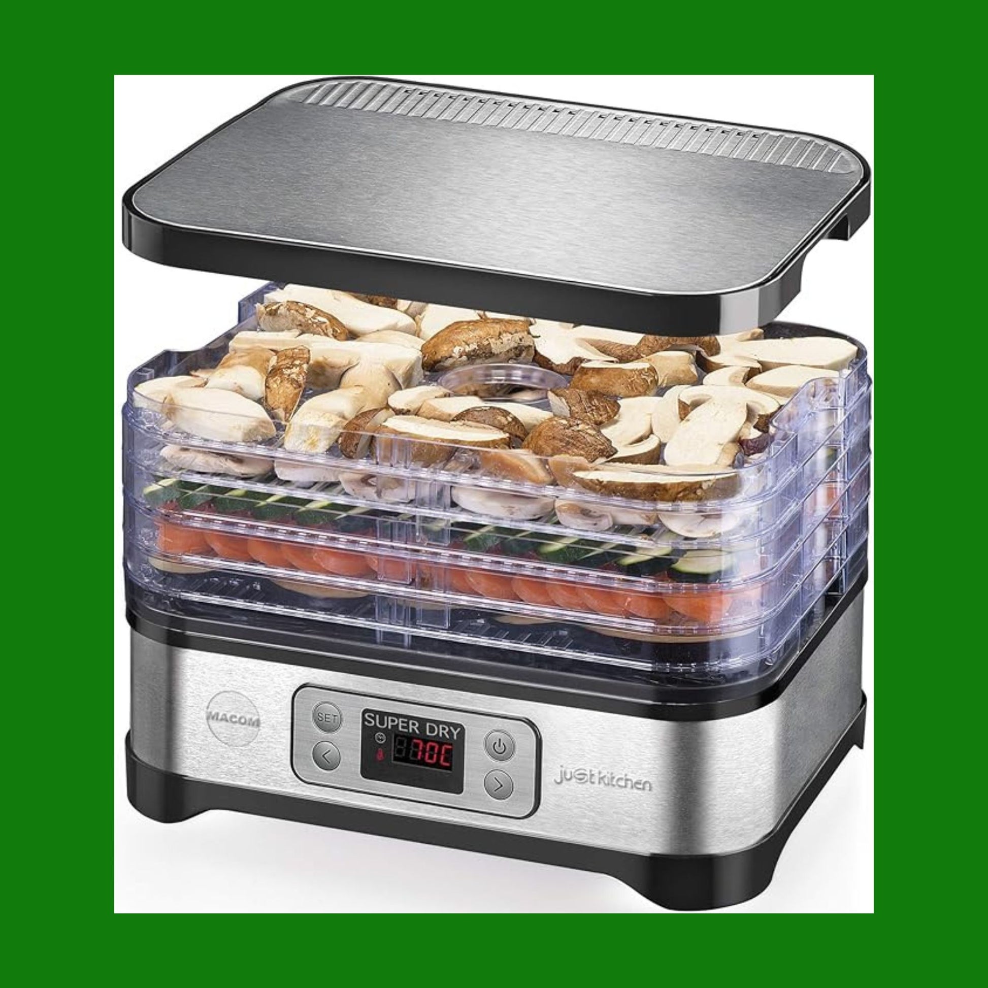 MACOM Just Kitchen 871 Super Dry, essiccatore per alimenti, Premium food dehydrator, Lega di acciaio, Nero, Rettangolare