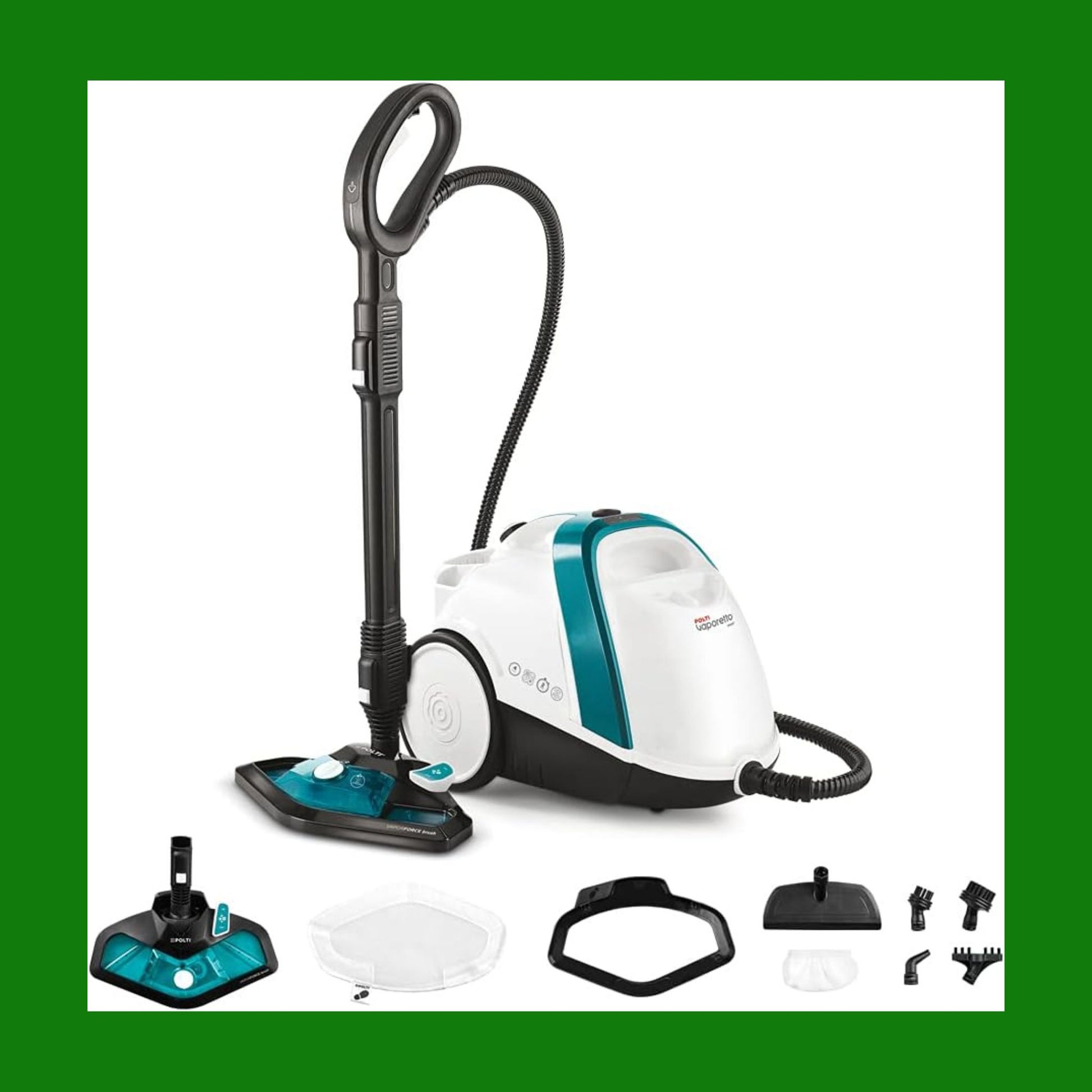 Polti Vaporetto Smart 100 T, Pulitore a Vapore con Caldaia ad Alta Pressione 4 Bar, Potenza Max 1500 W, 8 Accessori Inclusi, Bianco e Turchese