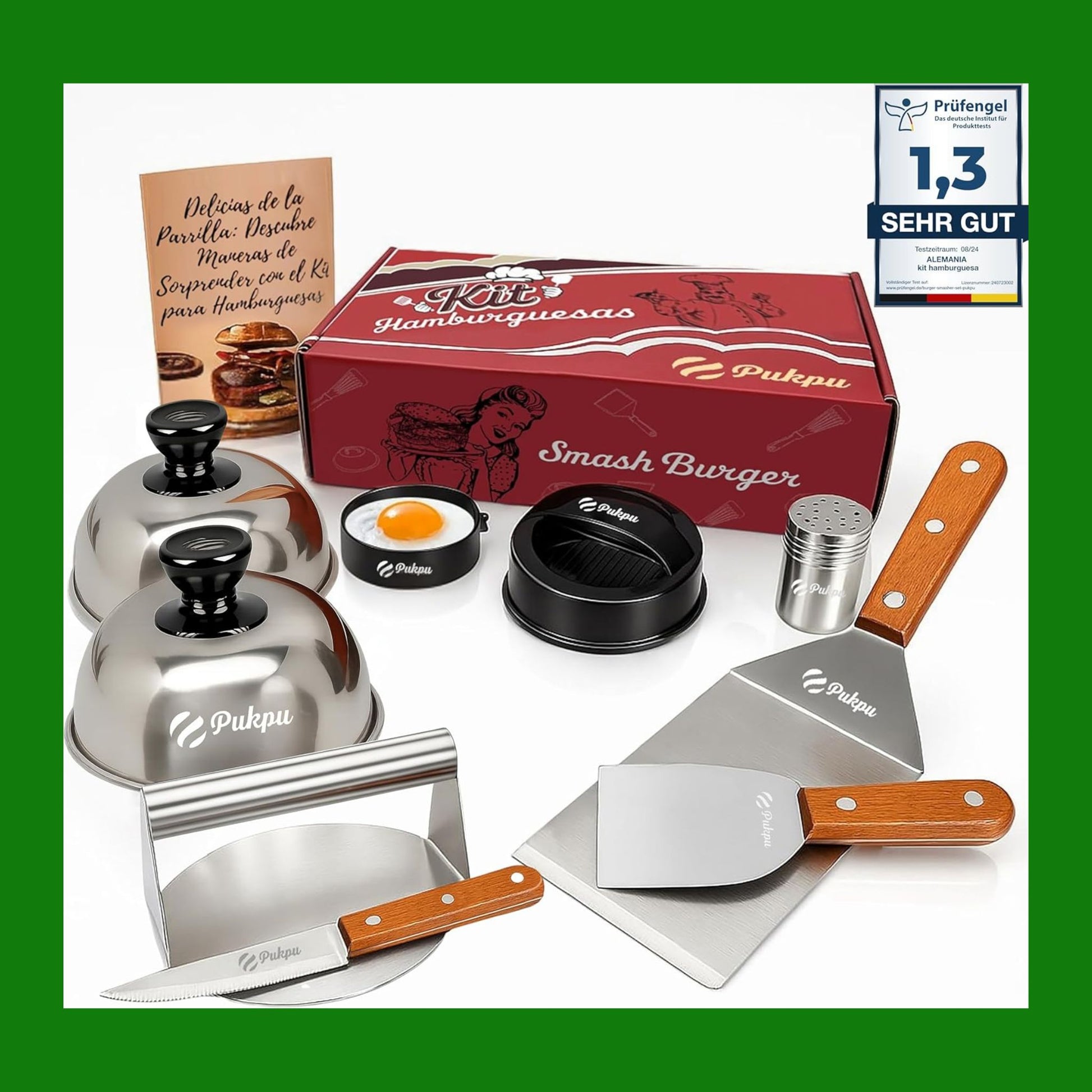 Kit Smash Burger Professionale – Set 6 pezzi con pressa, spatole, cupole e accessori per piastra e barbecue, ideale per hamburger smash fatti in casa