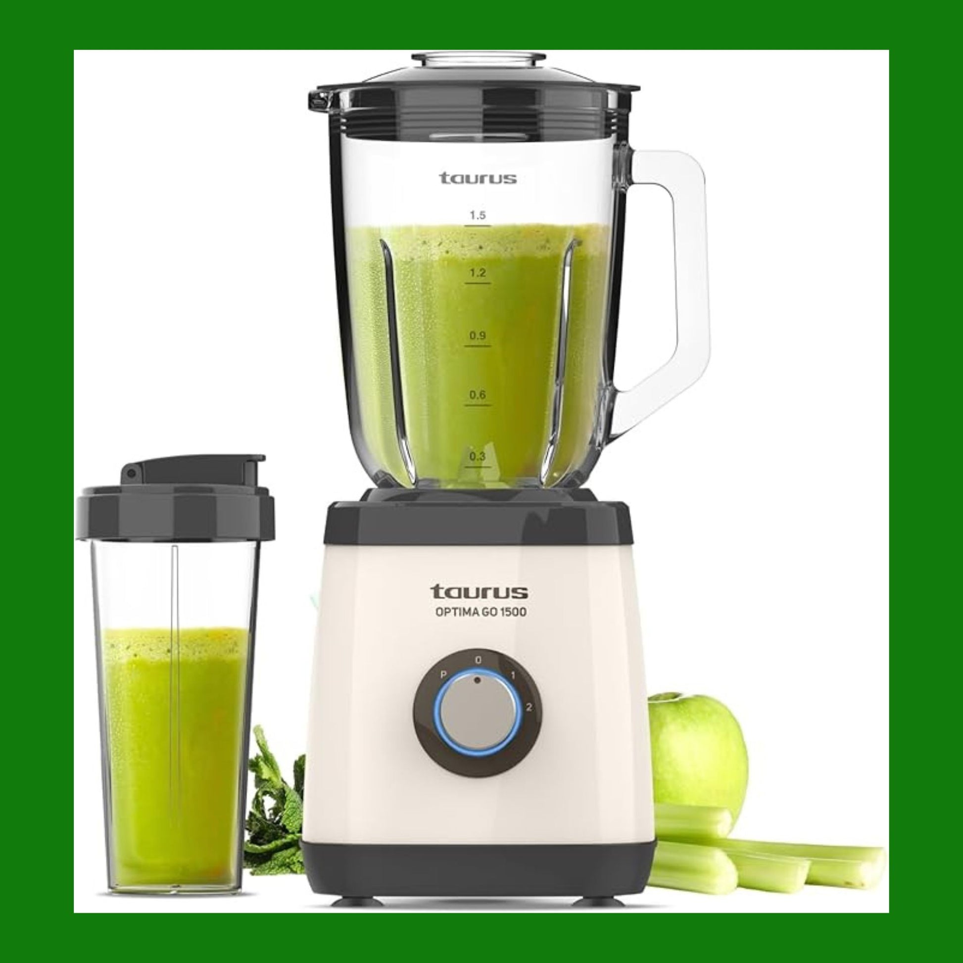Taurus - Frullatore a Bicchiere Optima Go 1500W  Bicchiere Portatile 500ml | Lame a 4 Fili