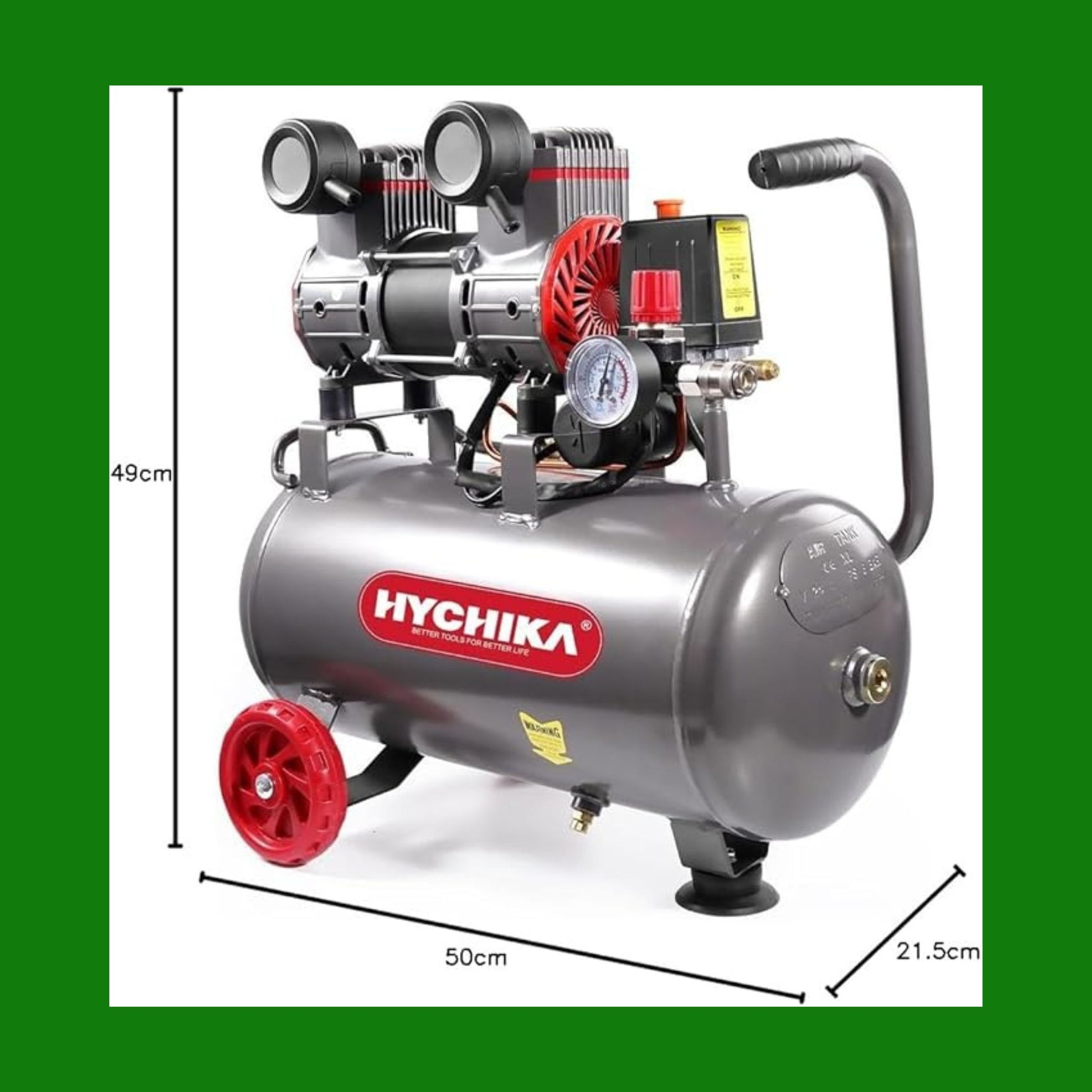 HYCHIKA Compressore Aria Silenziato 24 litri, Compressore Silenzioso 8 Bar 230V-240V, Senza Olio, 1100W Max