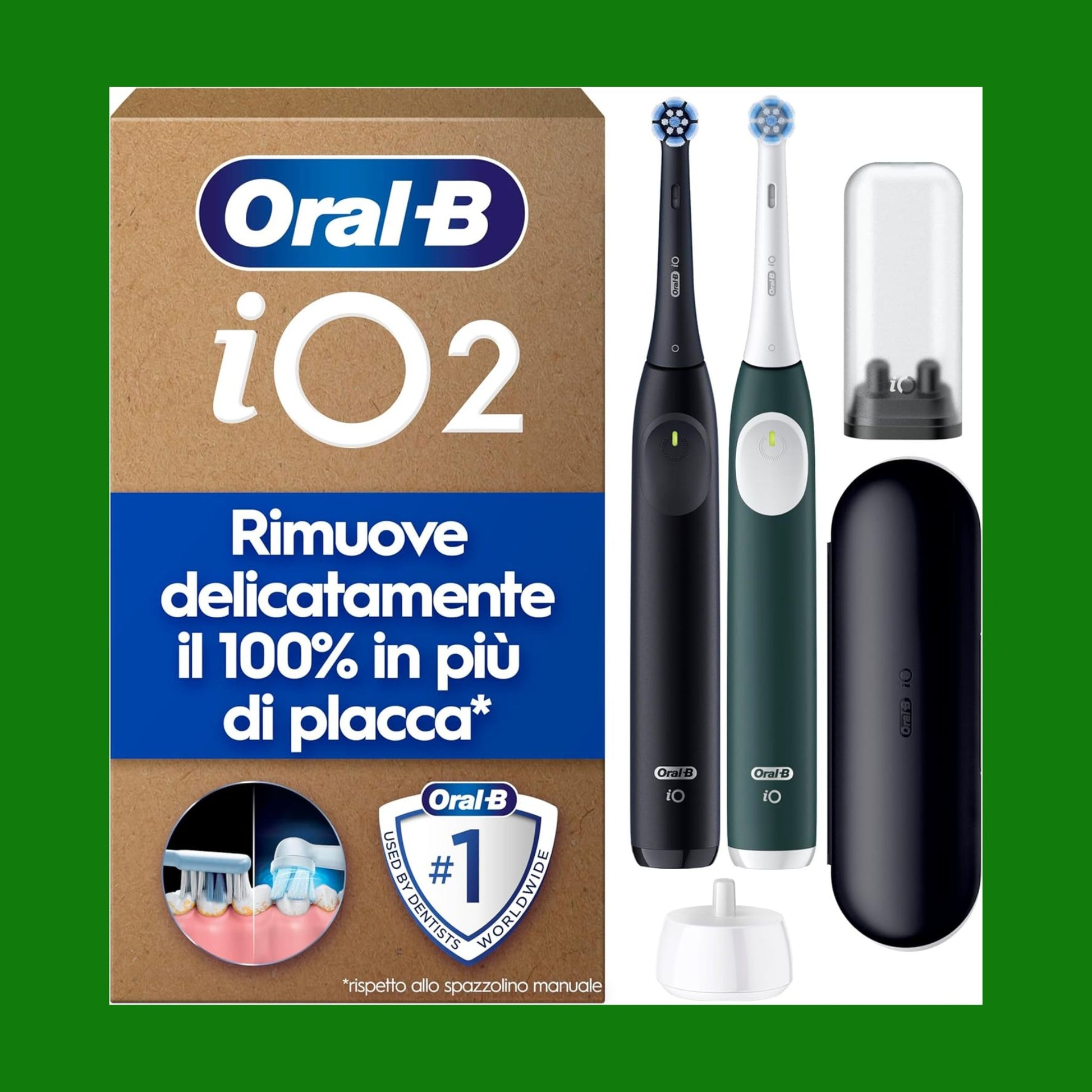 Oral-B iO 2 DUO Spazzolino Elettrico Oral B, Nero e Verde, 2 Testine Di Ricambio e Spazzolini, Custodia Da Viaggio,