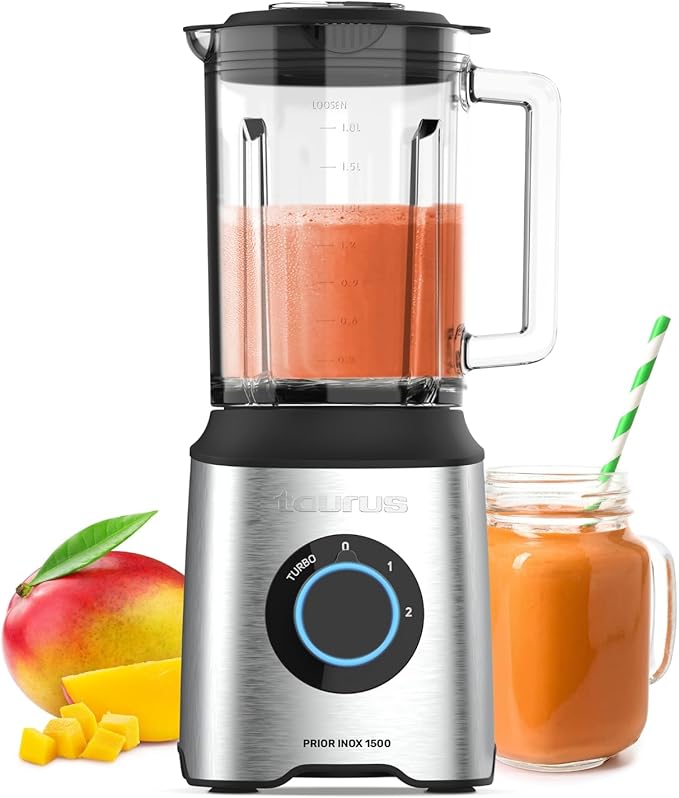Taurus - Frullatore a Bicchiere Potente Prior Inox 1500W | 2 Velocità + TURBO | Caraffa in Vetro 2L