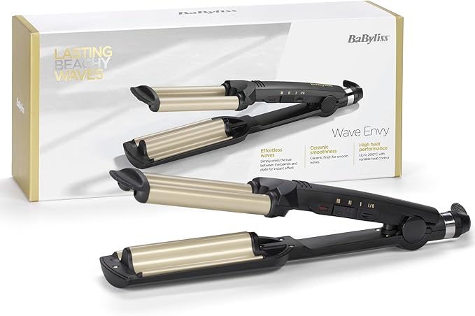 BaByliss Triferro Easy Waves, Beach Waves, Ceramic Titanium, 3 Temperature, Punta termo-resistente, Oro e Nero, C260E