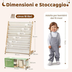 COSYLAND Libreria Montessori per Bambini Con 6 Scomparti in Tessuto Oxford - Libreria per Bambini in Legno Naturale
