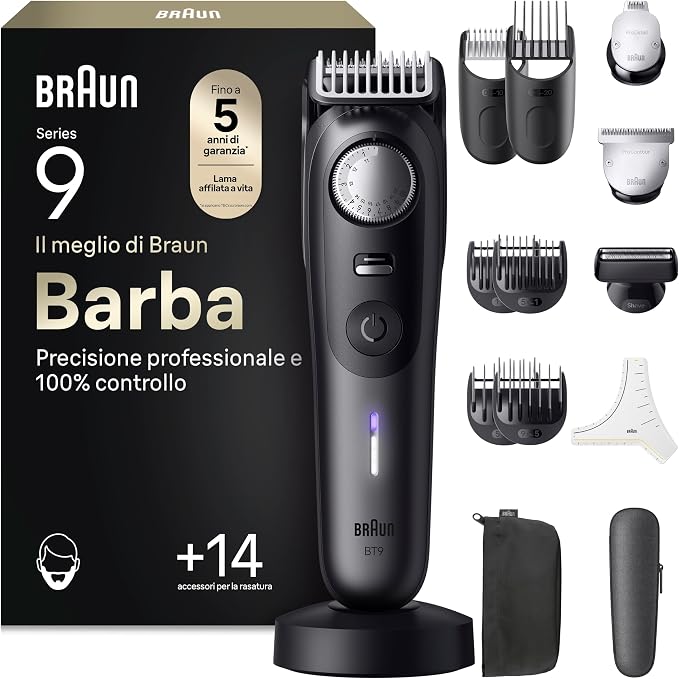 Braun Serie 9 Regolabarba Uomo, Base Ricarica, Custodia, Bt9565 Titanio