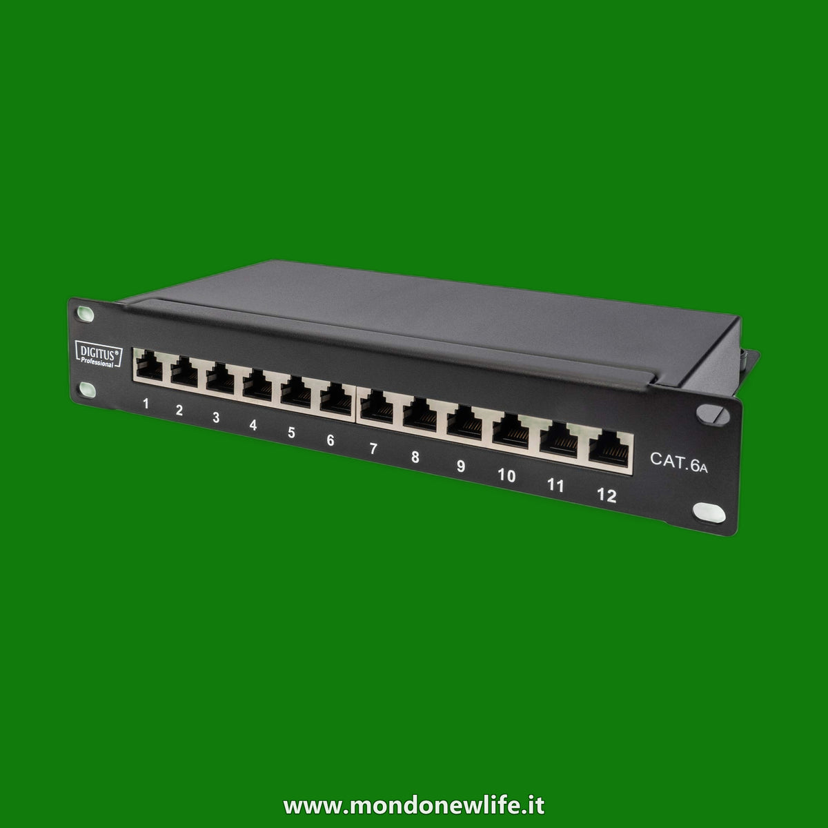 DIGITUS Pannello patch Cat-6A, 12 porte, Prese RJ45, Rack mount 10 pollici, 1U, Pannello di distribuzione LSA, Schermato, Nero