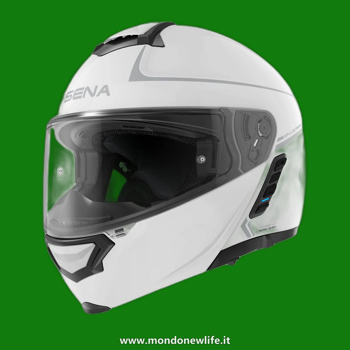 Sena Impulse casco modulare con tecnologia Bluetooth e Sound by Harman Kardon. Con doppia visiera e Mesh Intercom / MP3 / Comandi vocali (Bianco, XL)