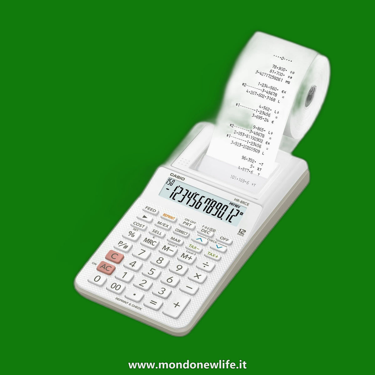 Casio HR-8RCE-WE - Calcolatrice Scrivente Bianca Portatile, Bianco