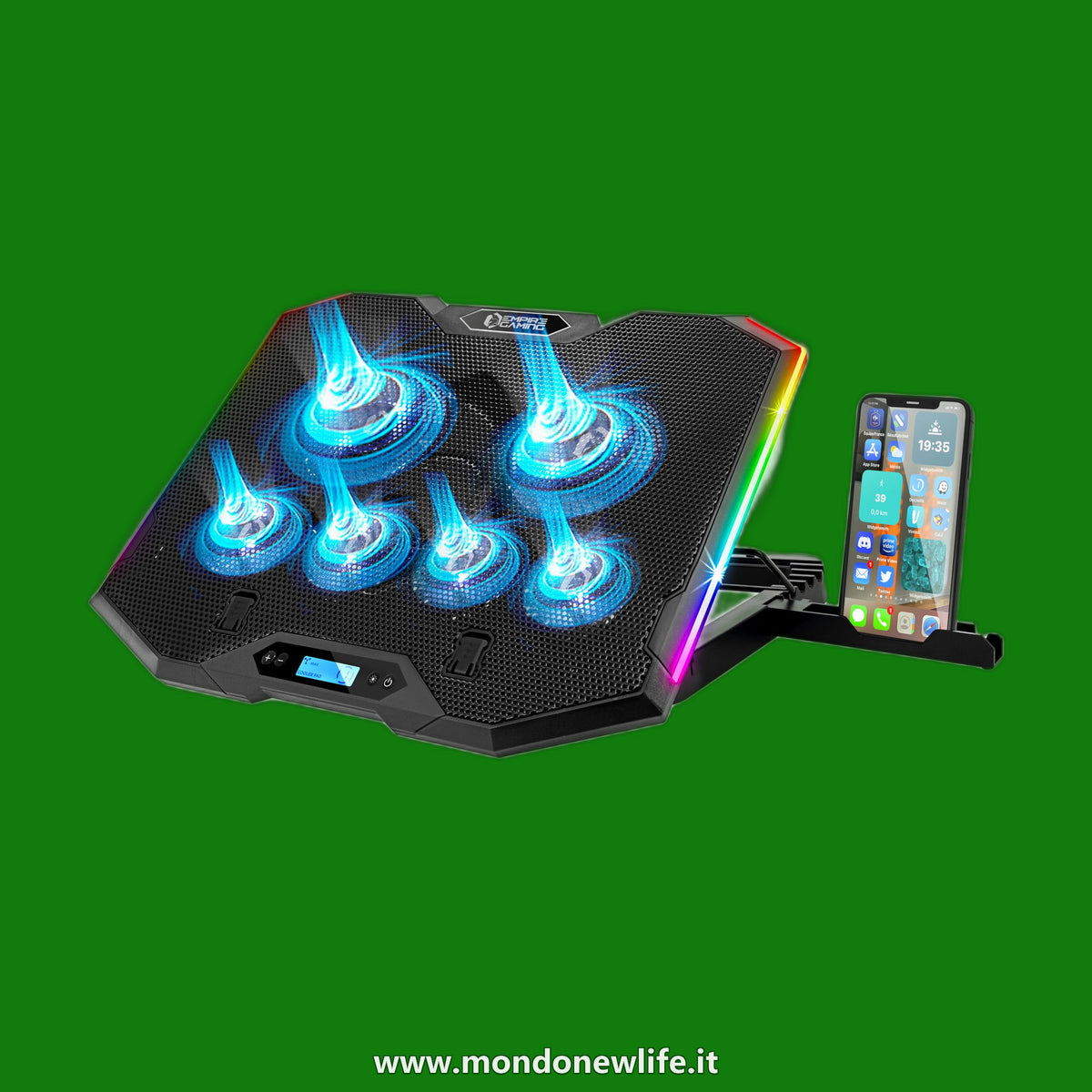 EMPIRE GAMING - Guardian S-C100 Dispositivo Raffreddamento PC Laptop RGB Gamer - 6 Ventole - Controller LCD - 5 Altezze regolabili - Compatibile 12''-17'' - Supporto smartphone amovibile