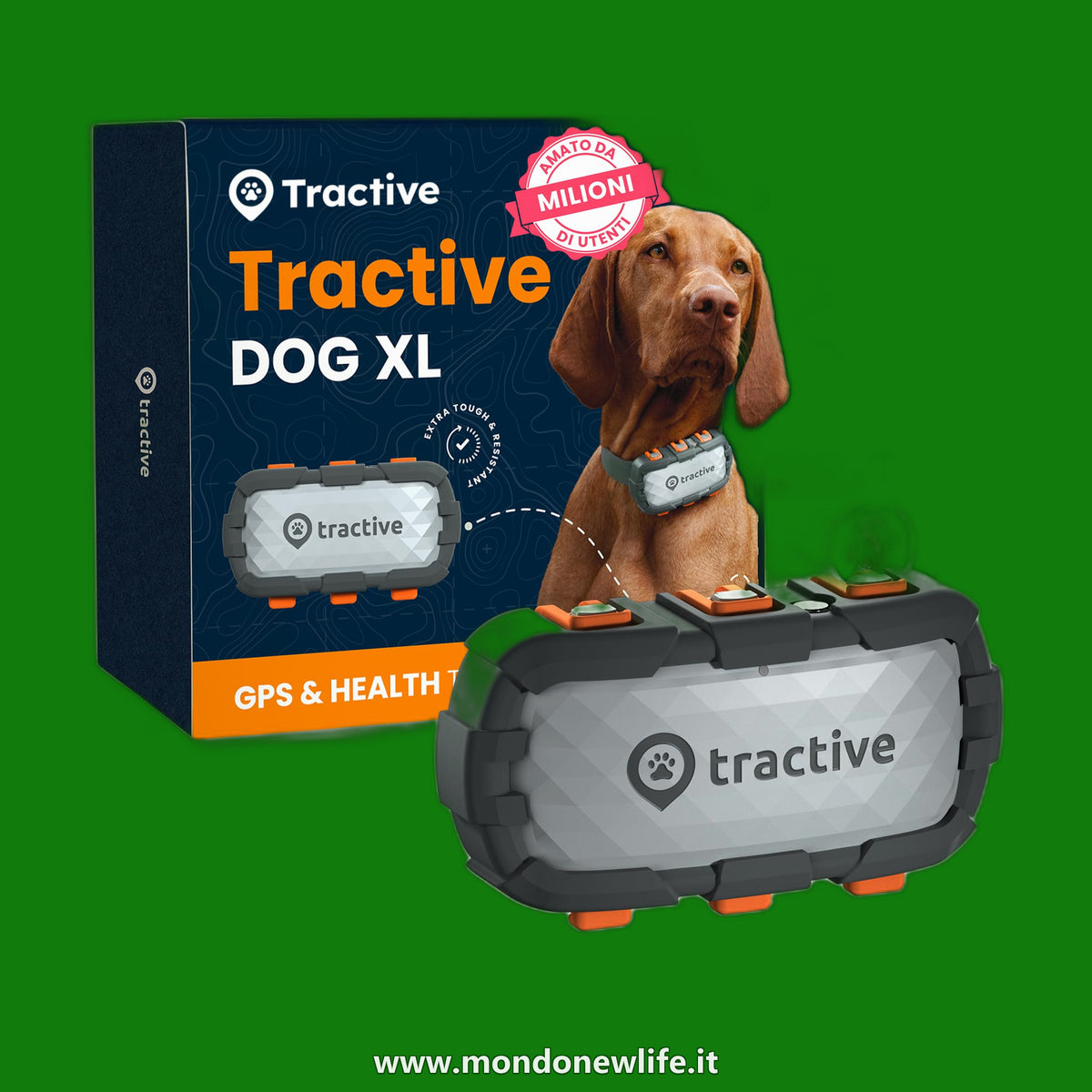 Tractive - GPS per cani XL Adventure - Rivestimento in fibra di vetro - Fino a 1 mese di batteria - Localizzazione GPS - Notifiche antifuga - Monitor di attività - Avvisi di salute