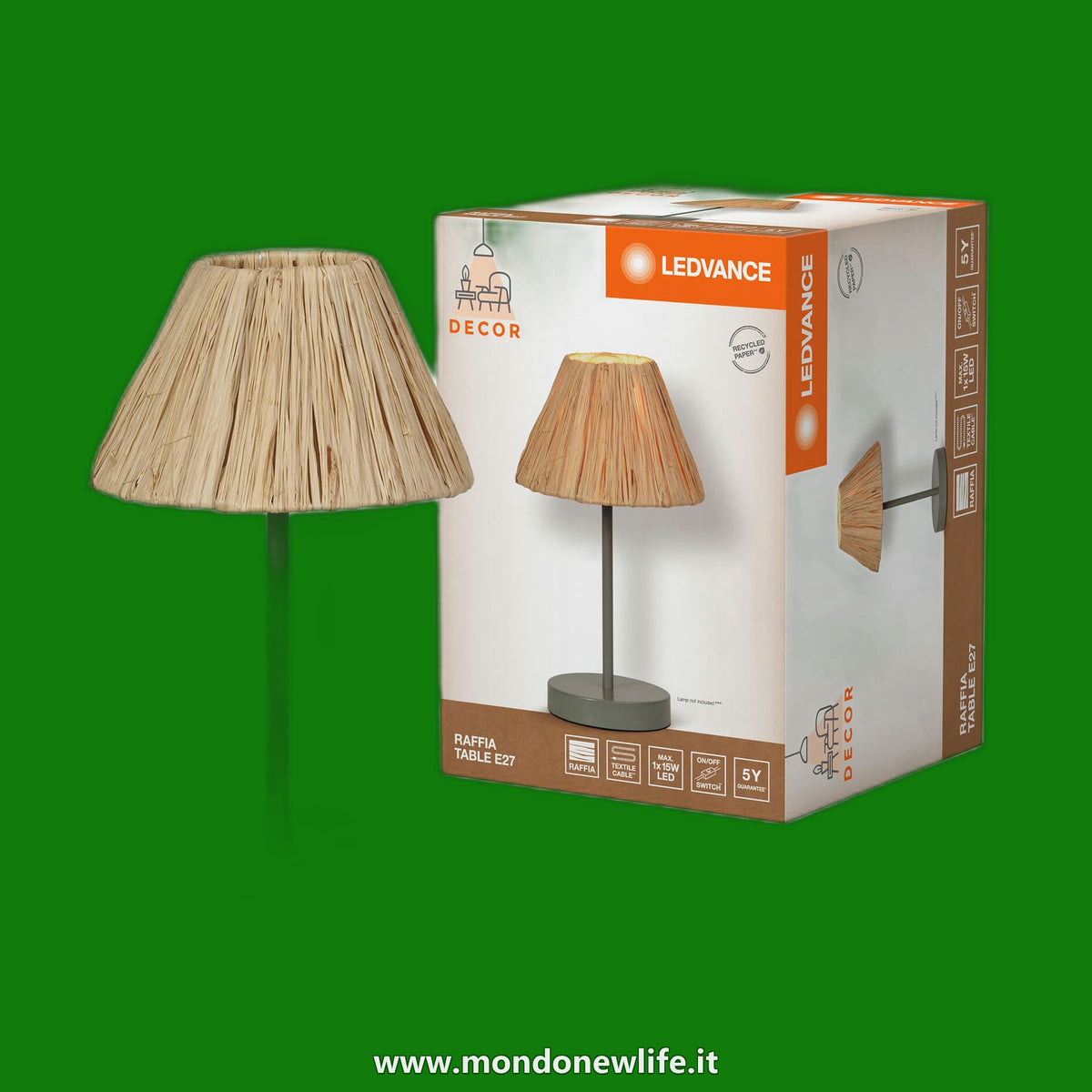 LEDVANCE da tavolo Decor Raffia verde-marrone in rafia e metallo, E27, diametro 200 mm, paralume in materiale riciclato, sostenibile grazie alla sorgente luminosa sostituibile, facile da installare