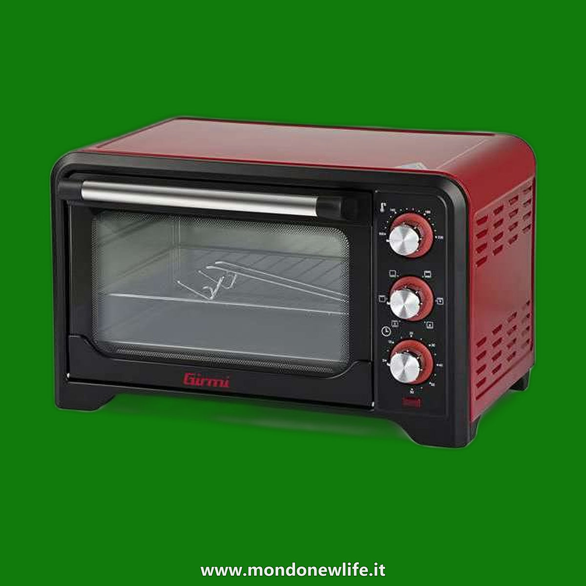 Girmi FE20 Forno Elettrico, 1380 W, 20 Litri, Termostato regolabile 230°, Luce interna, Griglia Inox, Timer 60 min, 4 resistenze riscaldanti, Accessori inclusi Rosso