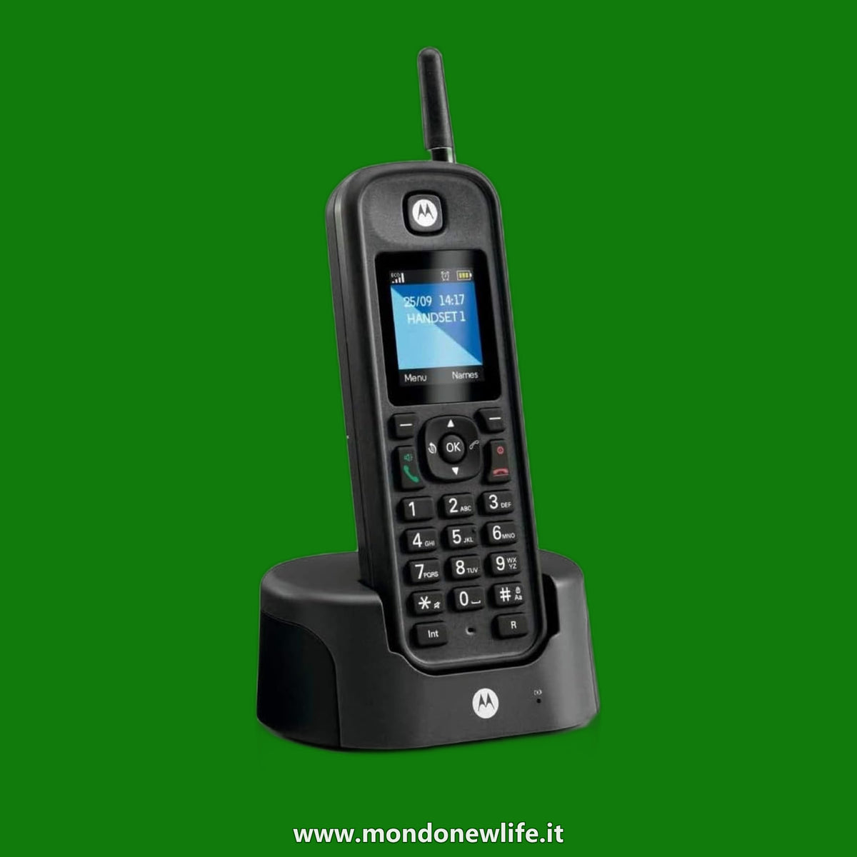 Motorola - Telefono fisso wireless DECT O201, ID chiamante, retroilluminazione, rubrica da 200 numeri, lungo raggio, vivavoce, ideale per uso esterno, nero